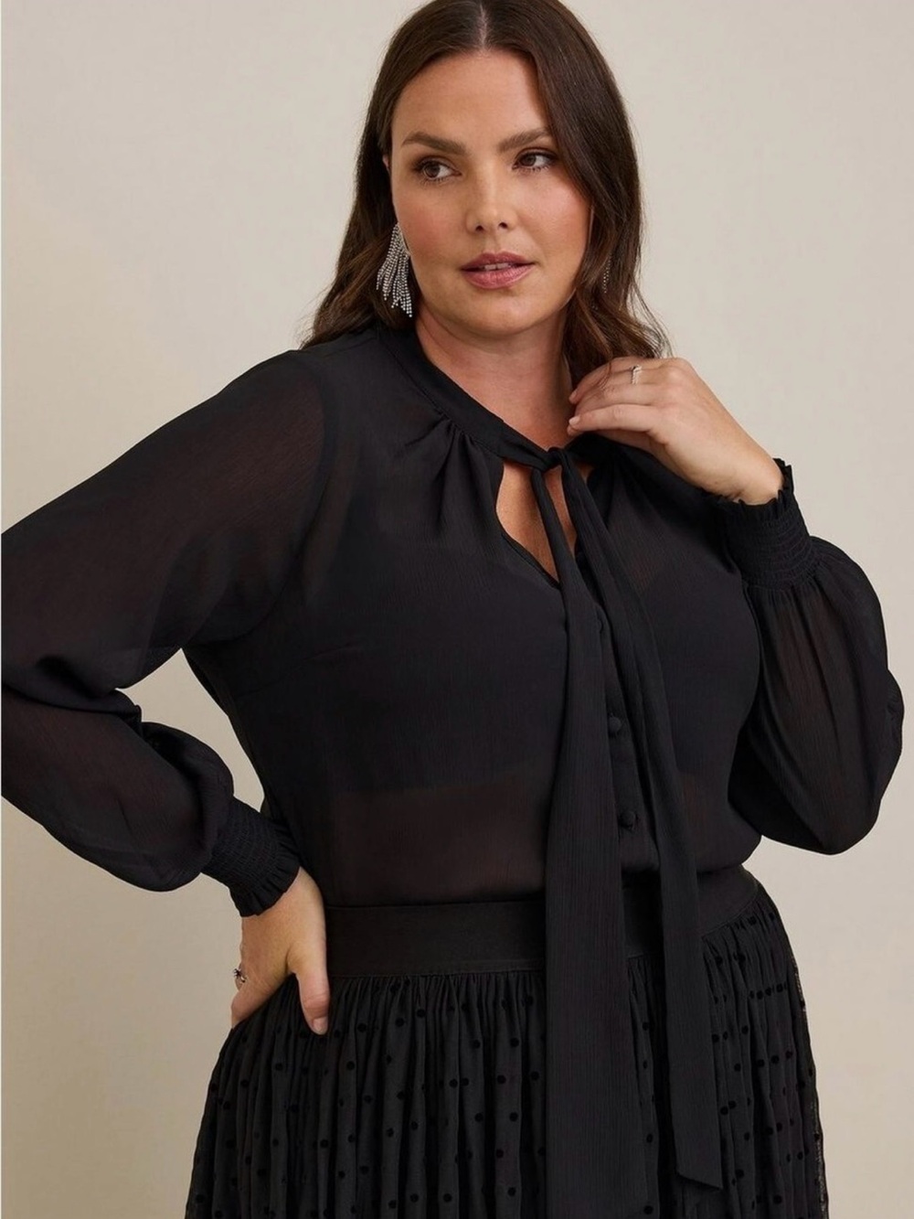 EUC torrid Elegant Black Tie-Neck Long-Sleeve Button Up Chiffon Blouse